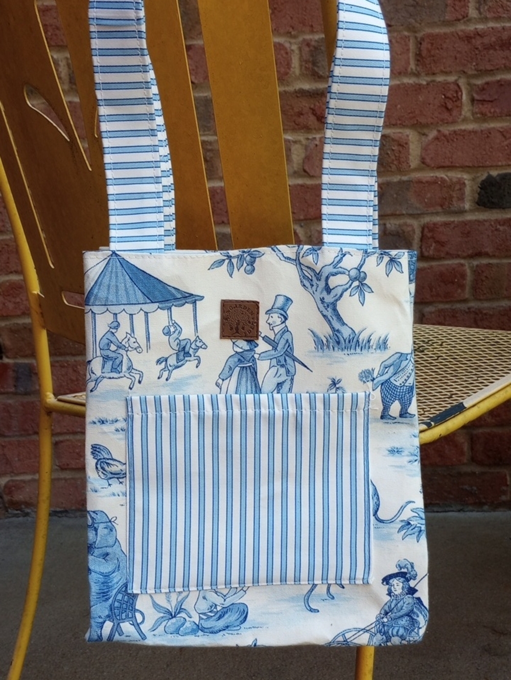 Blue & White Toile/ Circus Scene Small Tote Bag with Striped Pocket